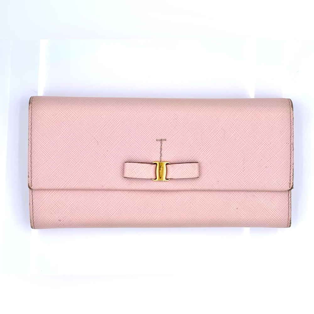 Authentic - Used - Salvatore Ferragamo Baby Pink Bow Leather Wallet